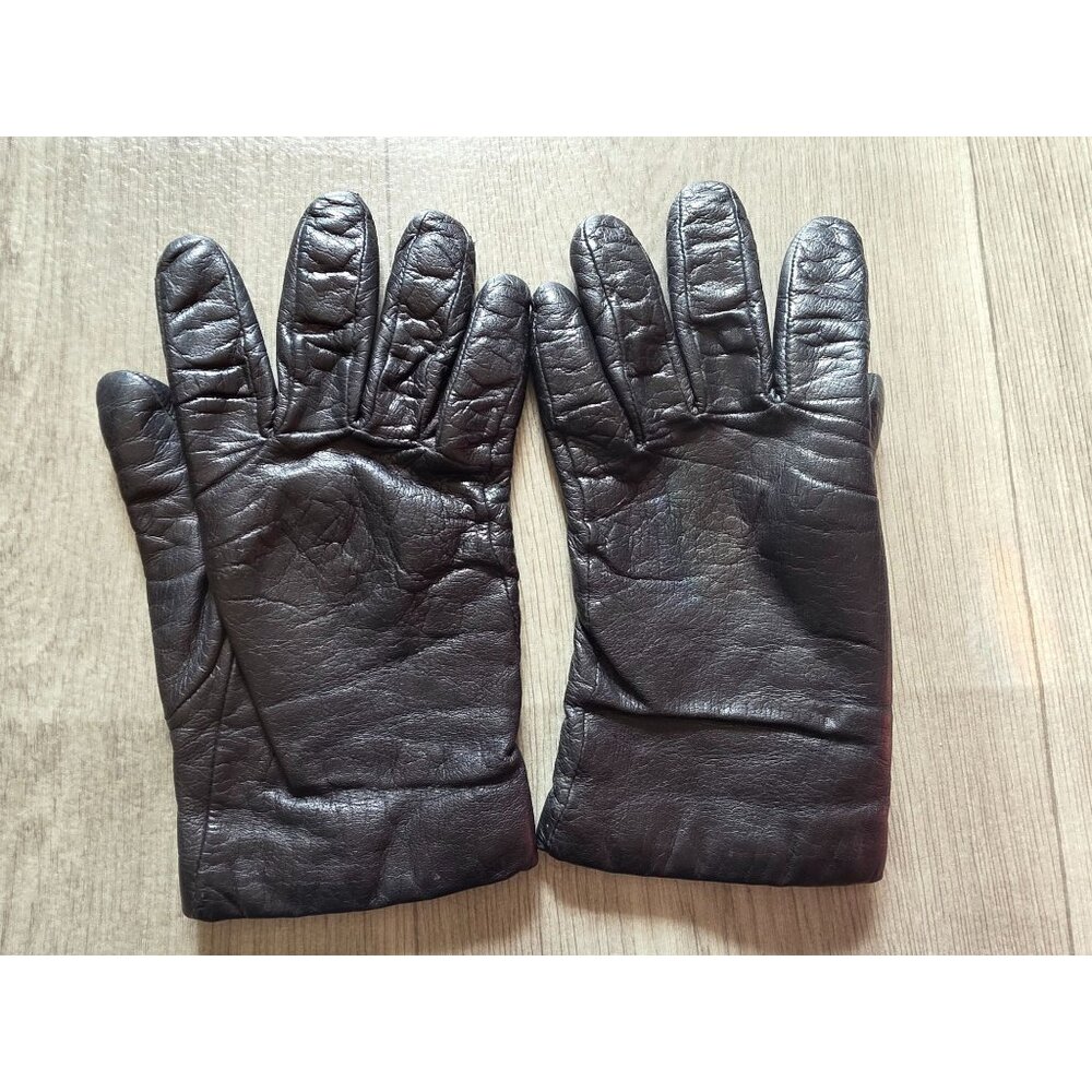 Vintage Black Leather Gloves Brown Wool Lining